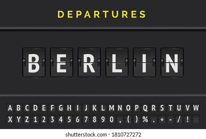 Mechanical airport flip board font with flight info of destination in Europe Berlin with aircraft departure sign. Vector illustration