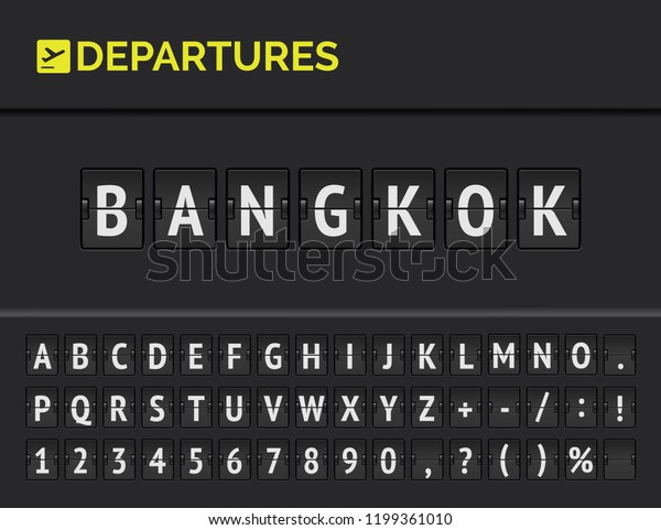 Mechanical\
airport flip board font with flight info of departure destination\
in Asia: Bangkok with aircraft icon.\
Vector