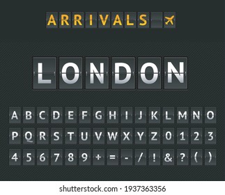 Mechanical Airport Flip Board London and Set of Letters and Numbers on a Scoreboard. Vector illustration