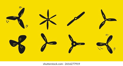 Mechanical airscrew with turbine and ventilation system features aviation motor rotation and airflow for air transportation machine with prop, logo, speed symbol and flat fan illustration