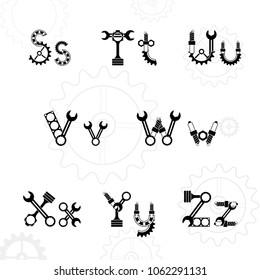 Mechanical alphabed on a white background. Steampunk font.