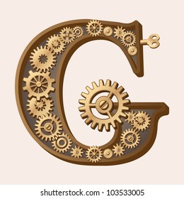 Mechanical alphabet made from gears. Letter g