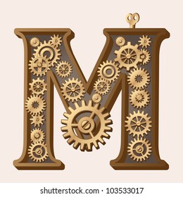 Mechanical alphabet made from gears. Letter m