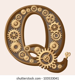 Mechanical alphabet made from gears. Letter q