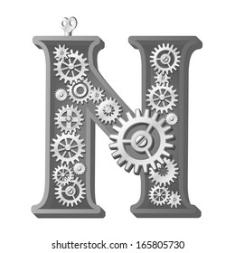 Mechanical alphabet made from gears. Letter n