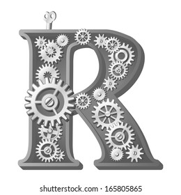 Mechanical alphabet made from gears. Letter r