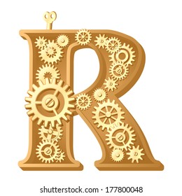Mechanical alphabet made from gears. Letter r