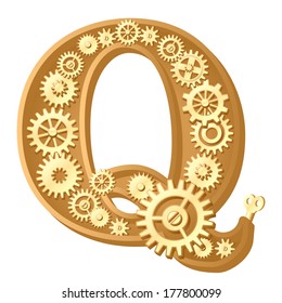 Mechanical alphabet made from gears. Letter q