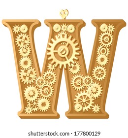 Mechanical alphabet made from gears. Letter w