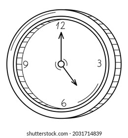 Mechanical analog round wall clock with hands. Linear icon. Hand-drawn black and white vector illustration. Isolated on a white background.