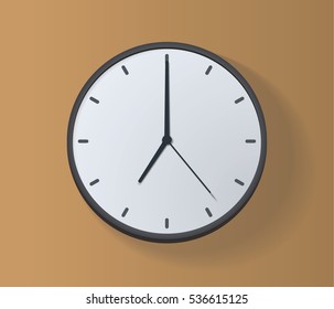 Mechanical analog wall clock. Vector illustration. 7 AM, 7 PM or 19:00. Dark gray (black) and white clock on the sand background. Straight strict hands. The dial without numbers. Flat design, shadow.