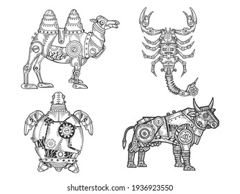 Mechanical animal set camel scorpion turtle bull sketch engraving vector illustration. T-shirt apparel print design. Scratch board imitation. Black and white hand drawn image.