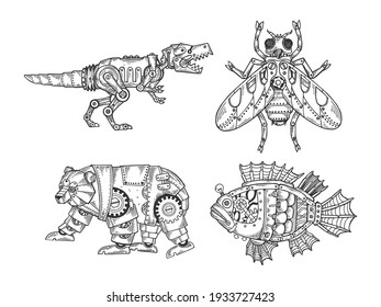 Mechanical animal set fish bear fly dinosaur sketch engraving raster illustration. T-shirt apparel print design. Scratch board imitation. Black and white hand drawn image.