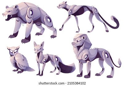Mechanical animals, bear, fox, owl, panther and lion robots. Vector cartoon set of futuristic mechanic pets, metal animals cyborgs. Cute electronic machines isolated on white background