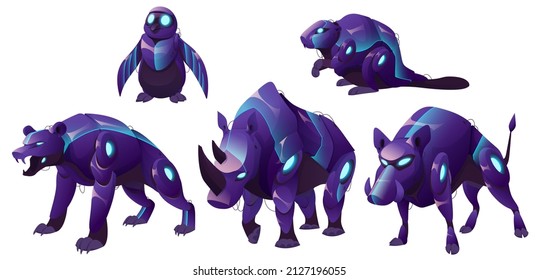 Mechanical animals, bear, penguin, rhinoceros, boar and beaver robots. Vector cartoon set of futuristic pets cyborgs, purple mechanic grizzly, rhino and warthog isolated on white background