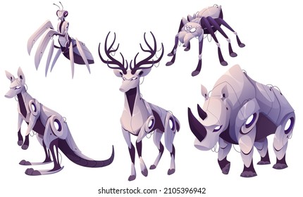 Mechanical animals, deer, kangaroo, rhinoceros, mantis and spider robots. Vector cartoon set of metal animals and insects cyborgs, futuristic mechanic pets, cute electronic machines