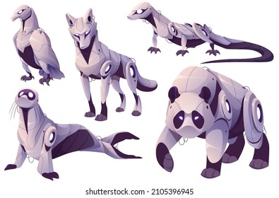 Mechanical animals, eagle, panda, lizard, dog and seal robots. Vector cartoon set of futuristic mechanic pets, metal bird, reptile, bear, wolf and sea lion cyborgs, electronic machines