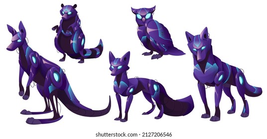 Mechanical animals, fox, wolf, kangaroo, owl and raccoon robots. Vector cartoon set of futuristic pets cyborgs, purple mechanic bird, dog and wallaby isolated on white background