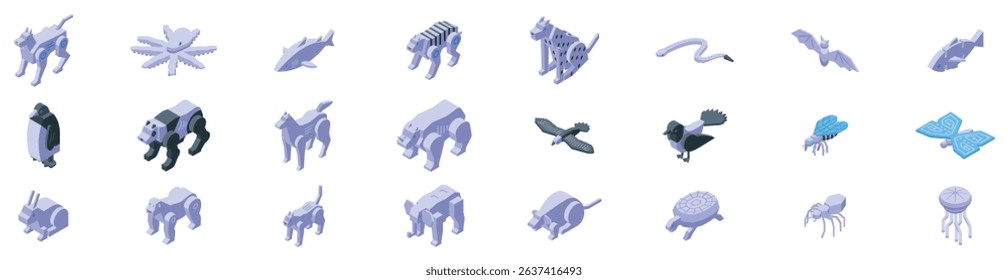  Mechanical animals icons set. Collection of robotic animals showcasing biomimicry and the cutting edge of robotics technology