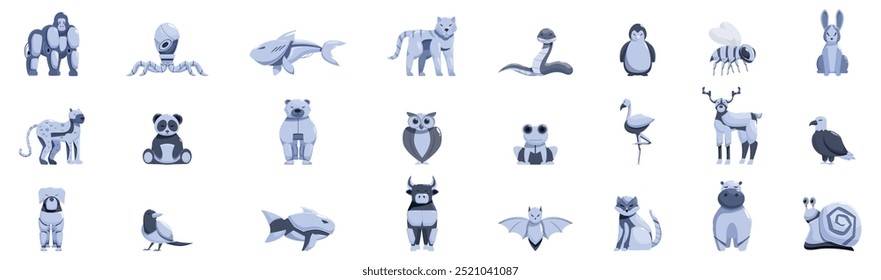 Mechanical animals icons set. Set of robots animals posing with different gestures on white background