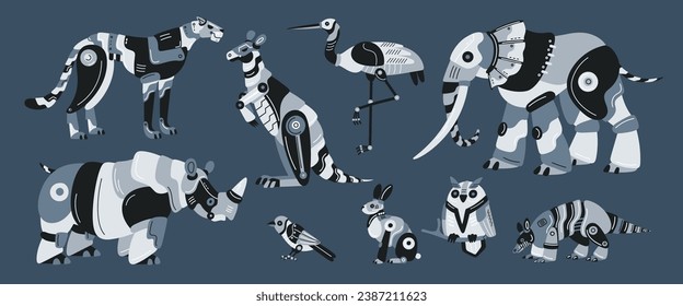 Mechanical animals. Mammal cyborgs. Futuristic fauna creatures. Robot pet. Zoomorphic machines. Smart AI technologies. Hare and elephant. Robotic leopard transformer