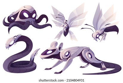 Mechanical animals, octopus, snake, rat, butterfly and wasp robots. Vector cartoon set of futuristic mechanic pets, metal animals and insects cyborgs, cute electronic machines