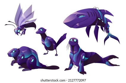 Mechanical animals, shark, seal, wasp, bird and beaver robots. Vector cartoon set of futuristic pets cyborgs, purple mechanic insect, fish, sea animals isolated on white background