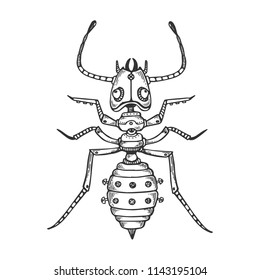 Mechanical ant insect animal engraving vector illustration. Scratch board style imitation. Black and white hand drawn image.