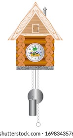 A mechanical, antique wall clock with a pendulum, a small wooden house on which there is a clock.
