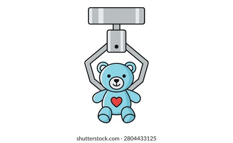 Mechanical arcade claw machine grips a cute blue teddy bear with a red heart design inside a gaming center for players to win prizes.