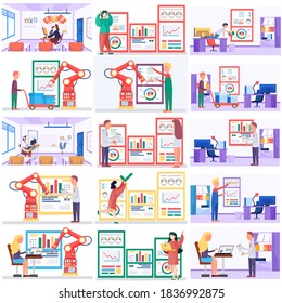 Mechanical arm conducting experiments. Mechanization of production. Statistical analyzes of financial work. Businessman working and analyzing financial statistics. People employee in the office