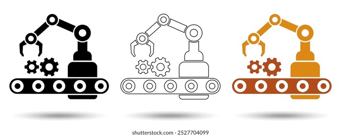 Icono de brazo mecánico. Icono de brazo mecánico sobre un fondo blanco, aislado. El ícono tiene tres usos en aplicaciones y Sitios web. Ilustración vectorial. Icono de brazo mecánico sobre un fondo blanco.