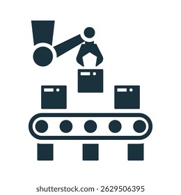 Caja de elevación del brazo mecánico en la línea de montaje de la fábrica, que simboliza la automatización y la eficiencia en la fabricación moderna