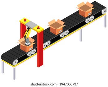 Mechanical Arm Lifts Parcels And Places On Conveyor. Automated Assembly Line With Open Boxes