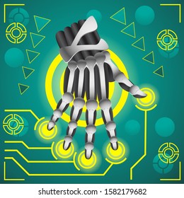 Mechanical arm, the robot controls the futuristic UI on an isolated background. Vector image eps 10