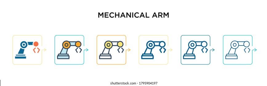 Icono de vector de brazo mecánico en 6 estilos modernos diferentes. Iconos de brazo mecánicos negros, de dos colores, diseñados con un estilo relleno, contorno, línea y trazo. La ilustración vectorial puede utilizarse para la web, el móvil,