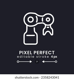 Mechanical arm white linear desktop icon on black. Artificial intelligence. Manufacturing robot. Pixel perfect, outline 4px. Isolated user interface symbol for dark theme. Editable stroke