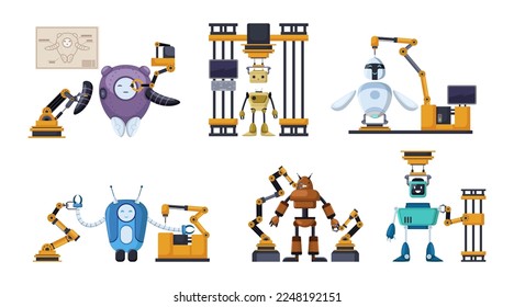 Mechanical arms creating robots vector illustrations set. Robotic or automated arms repairing cyborg characters on white background. Modern technology, automation, artificial intelligence concept