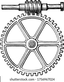 A mechanical arrangement consisting of a screw the thread of which gears into a wheel with skew teeth, the obliquity corresponding to the angle of pitch of the screw, vintage line drawing or engraving