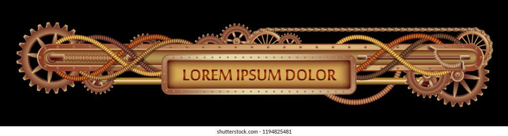 Mechanical banner decorated with brass gears, nozzles and rivets on a black Steampunk background.