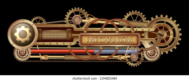 Mechanisches Banner mit Messinggeräten, Düsen und Nieten auf schwarzem Steampunkhintergrund.