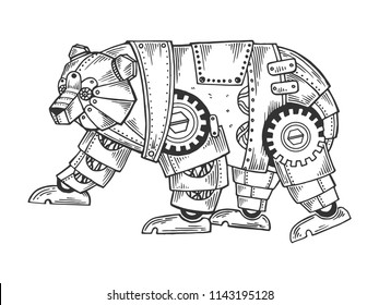 Mechanical bear animal engraving vector illustration. Scratch board style imitation. Black and white hand drawn image.