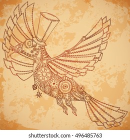 Mechanical bird in steampunk style on aged paper background. Vintage hand drawn vector illustration
