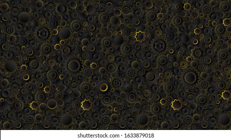 Mechanical black 3d background. With black and gold gears. Vector background.