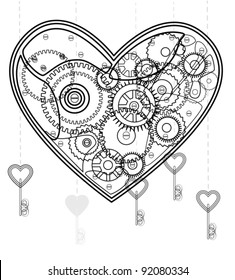 Mechanical black Valentine heart over white, vector