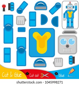 Mechanical blue robot with a raised hand. Education paper game for preshool children. Vector illustration.
