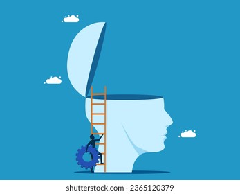 Mechanical brain concept. man holds a gear to head
