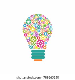 Mechanical bulb made of bright colorful gears and wheels. Isolated on white background. Creative new technology icon. Team work label. Idea sign. Design thinking concept. Vector illustration.