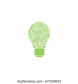 Mechanical Bulb Made Of Green Gears And Wheels. Isolated On White Background. Creative New Technology Icon. Team Work Label. Ecology Idea Sign. Eco Thinking Concept. Vector Illustration.