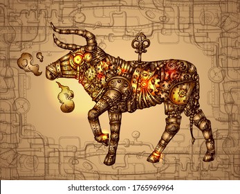 Mechanical bull. Hand drawn vector steampunk animal. Symbol of 2021 eyar. 